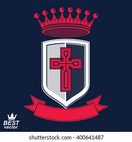 Imperial insignia, vector royal shield with decorative band and monarch coronet. Detailed eps8 coat of arms, king guard symbol with cross - web design element. Crusade.