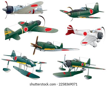 Imperial Japanese Navy Air Service, single seat propeller war fighter and watercrafts, 7 model illustrated collection.