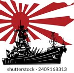 Imperial Japanese Navy battleship. Vector image. Japan Navy Ship with Japan Sun Flag Vector