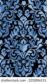 Imperial rococo pattern Vector ornament décor. Baroque background textures. Royal Victorian trendy designs. Damask texture pattern Vector. Floral ornament decoration in blue and indigo watercolor.