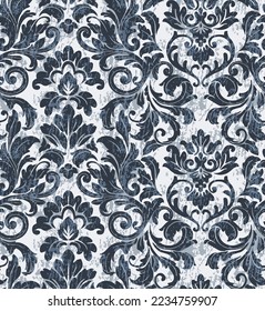 Patrón rococó imperial Decoración de adornos vectores. Texturas de fondo barrocas. Diseño de moda en el Royal Victorian. Vector de patrón de textura de Damasco. Decoración floral en tonos azules e índigo