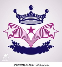Imperial stylized vector symbol, 3d crown with flying stars and curvy ribbon. Royal luxury classic graphic design element. 