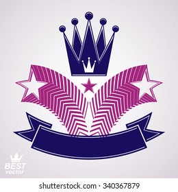 Imperial stylized vector symbol, 3d crown with flying stars and curvy ribbon. Royal luxury graphic design element. 