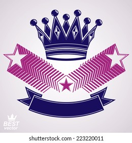 Imperial stylized vector symbol, isolated on white background. 3d crown with flying stars and curvy ribbon. Clear eps8 coat of arms.
