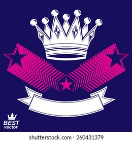 Imperial stylized vector symbol, monarch element. 3d crown with flying stars and curvy ribbon. Clear eps8 coat of arms.