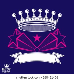 Imperial stylized vector symbol, monarch element. 3d crown with flying stars and curvy ribbon. Clear eps8 coat of arms.