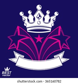 Imperial stylized vector symbol, monarch element. 3d crown with flying stars and curvy ribbon. Clear eps8 coat of arms.