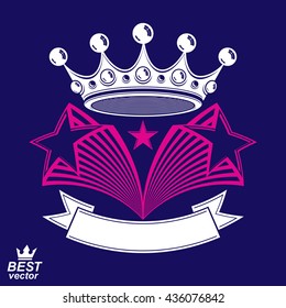 Imperial stylized vector symbol, monarch element. 3d crown with flying stars and curvy ribbon. Clear eps8 coat of arms.