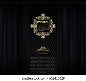 Imperial vintage yellow symbol on black vertical curtain. Vector theatre curtain with transparent backdrop and simple text. Classic style for design