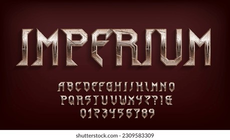 Imperium alphabet font. Damaged metal old letters, numbers and symbols. Stock vector typescript for your typography design.