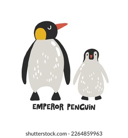 Pingüino imperador. Dibujo manual de dibujos vectoriales para niños. Animación marina divertida