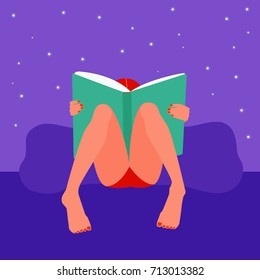 an impersonal vector illustration of a sitting girl with knees up and reading a big book; a female character design; a cartoon hand drawn style; reading pleasure