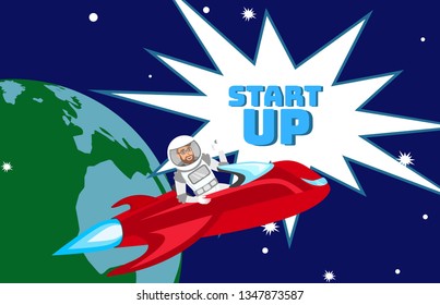 Impetuous Startup Launch Flat Color Illustration. Businessman in Space suit Sitting in Spaceship Cartoon Character. Ambitious Business Expansion Strategy. Spacecraft Vector Illustration with Lettering