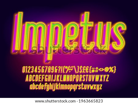 Impetus alphabet font. 3D effect glowing letters, numbers and punctuations. Uppercase and lowercase. Retro-futuristic vector typescript for your typography design.