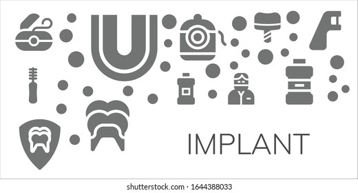 implant icon set. 11 filled implant icons.  Simple modern icons such as: Dental floss, Dental, Floss, Mouthwash, Dentist, Dental implant