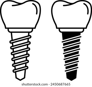 Implant icons. Black and White Vector Dental Implants Icons. Dental Surgery. Dental restoration. Medicine Concept