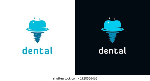Implant icons with orbit shapes and star lights on white and black background. Abstract dentistry logo design.