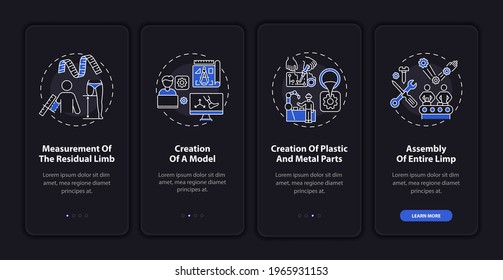 Implant manufacturing onboarding mobile app page screen with concepts. Limb measurement walkthrough 4 steps graphic instructions. UI, UX, GUI vector template with linear night mode illustrations
