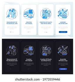 Implant manufacturing onboarding mobile app page screen with concepts. Model creation walkthrough 4 steps graphic instructions. UI, UX, GUI vector template with linear night mode illustrations