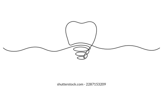 Implant tooth, continuous art line drawing. Dentistry health of teeth. Single hand drawn outline style. Vector illustration