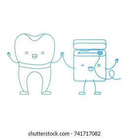 implant tooth and dental floss in cartoon holding hands in degraded green to blue color contour vector illustration