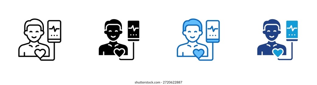 Biosensores implantables Vector de diseño de íconos de estilo múltiple: persona con una pantalla de mano conectada que muestra un ícono del corazón, que representa el monitoreo corporal integrado a través de la tecnología biomédica interna