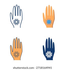 Implantable chip icon set. Human hand with bio data implant, biotechnology. Vector illustration