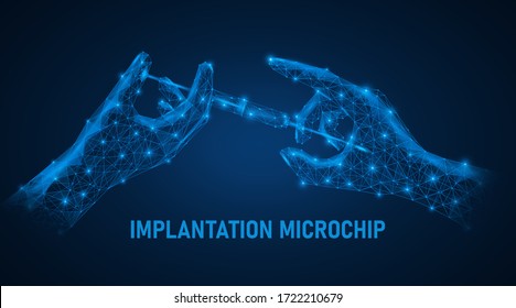 Implantation eines Mikrochips in den Arm einer Person. Implantation einer Identitätsnummer. Low-Poly-Modell. Blauer Hintergrund.