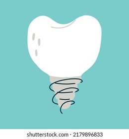 Implanted metal tooth. Isolated clipart in doodle, cartoon, flat style on blue background
