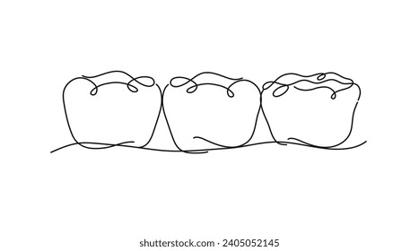 Implanted teeth with crown bridge illustration drawing in flat line style on white background