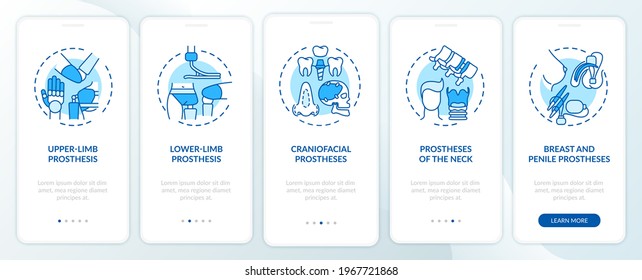 Implants types onboarding mobile app page screen with concepts. Lower-limb, neck prosthesis walkthrough 5 steps graphic instructions. UI, UX, GUI vector template with linear color illustrations