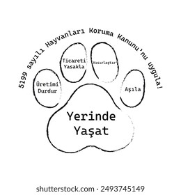 ''Implement the Animal Protection Law No. 5199. Stop production, ban trade, sterilize, vaccinate and keep alive.'' Aşıla, Kısırlaştır ve Yerinde yaşat. Stray animals.