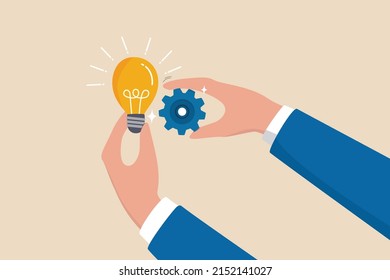 Implement business idea, development process or project implementation, new innovation, optimization or solution concept, businessman hand holding lightbulb idea implementing cogwheel to make it work.