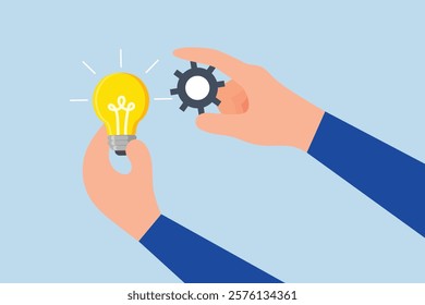 Implement business idea, entrepreneur grasping lightbulb concept integrating gear to bring it to life. 