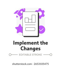 Implement changes flat outline concept icon. Put shift plans into actions. Stage of organizational transformation. Modern line illustration with purple glyphs. Conceptual visual. Easy to edit
