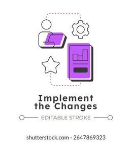Implement changes modern linear concept icon. Put shift plans into actions. Stage of organizational transformation. Flat outline elements connected with dotted lines. Creative visual. Easy to edit