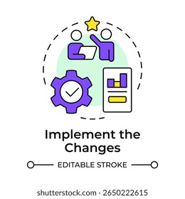 Implement changes multi color concept icon. Put shift plans into actions. Stage of organizational transformation. Round shape line illustration. Abstract idea. Graphic design. Easy to use