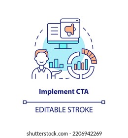 Implement CTA concept icon. Pop up messages on website. Marketing case study abstract idea thin line illustration. Isolated outline drawing. Editable stroke. Arial, Myriad Pro-Bold fonts used