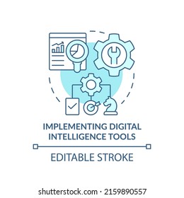 Implement digital intelligence tools turquoise concept icon. Digital first strategy abstract idea thin line illustration. Isolated outline drawing. Editable stroke. Arial, Myriad Pro-Bold fonts used