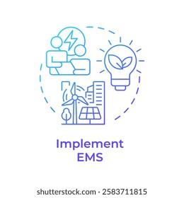 Implement EMS blue gradient concept icon. Energy management system. Urban electrification. Round shape line illustration. Abstract idea. Graphic design. Easy to use in infographic, presentation