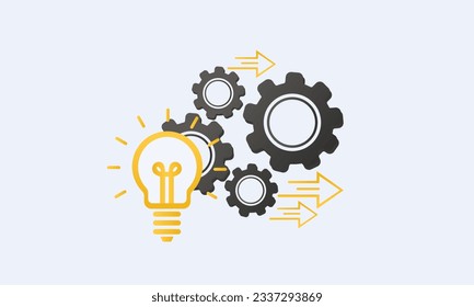 implementar icono de idea, desarrollo de soluciones, rueda cognitiva de configuración con bombilla, proceso de análisis de innovación, preferencias del sector de éxito.sobre fondo blanco.Ilustración de diseño de vectores.