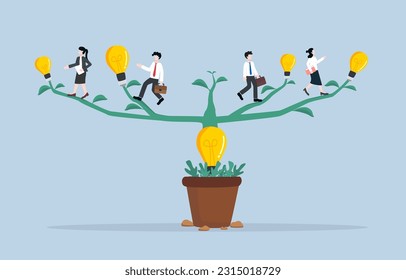 Implement ideas to expand business, applying concept to work, studying more knowledge for career development concept, Businesspersons walking along branches to light bulb tips of idea light bulb tree.