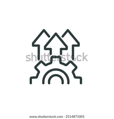 Implement process optimize, tech efficient production, innovation industrial technology outline icon. Line sign gear and three arrows. Vector isolated pictograms on white background editable stroke.