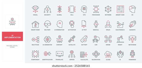 Implementación de servicios de IA, activación y línea de Identificación. Datos generados automáticamente con el asistente de la máquina, la automatización del negocio delgada Ilustración vectorial negra y roja de los símbolos del contorno