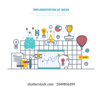 Implementation of big ideas. Improving technologies, processes, business innovations, implementation of successful business project, vision, creative thinking, start up. Illustration thin line design.