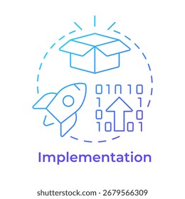 Ícone de conceito de gradiente azul de implementação. Foguete de eficiência. Desenvolvimento, inovação. Ilustração de linha de forma redonda. Ideia abstrata. Design gráfico. Fácil de usar em infográfico, apresentação