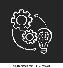 Implementation Chalk White Icon On Black Background. Optimization Of Mechanical Production Process. Connection Of Cog Wheel In Machine. Smart Management. Isolated Vector Chalkboard Illustration