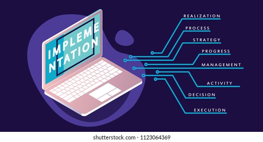 Implementation concept banner in neon and purple colors. Vector illustration 
