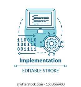 Implementation concept icon. Software coding. Computer programming and deployment idea thin line illustration. Information technology. Vector isolated outline drawing. Editable stroke