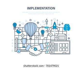 Implementation concept. Realization of ideas, implementation of a successful business project, partnership and cooperation, vision, creation. Illustration thin line design of vector doodles